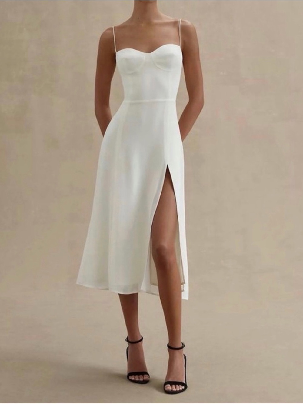 Reformation Ivory Spaghetti-Strap Midi Dress with Side Slit 0
